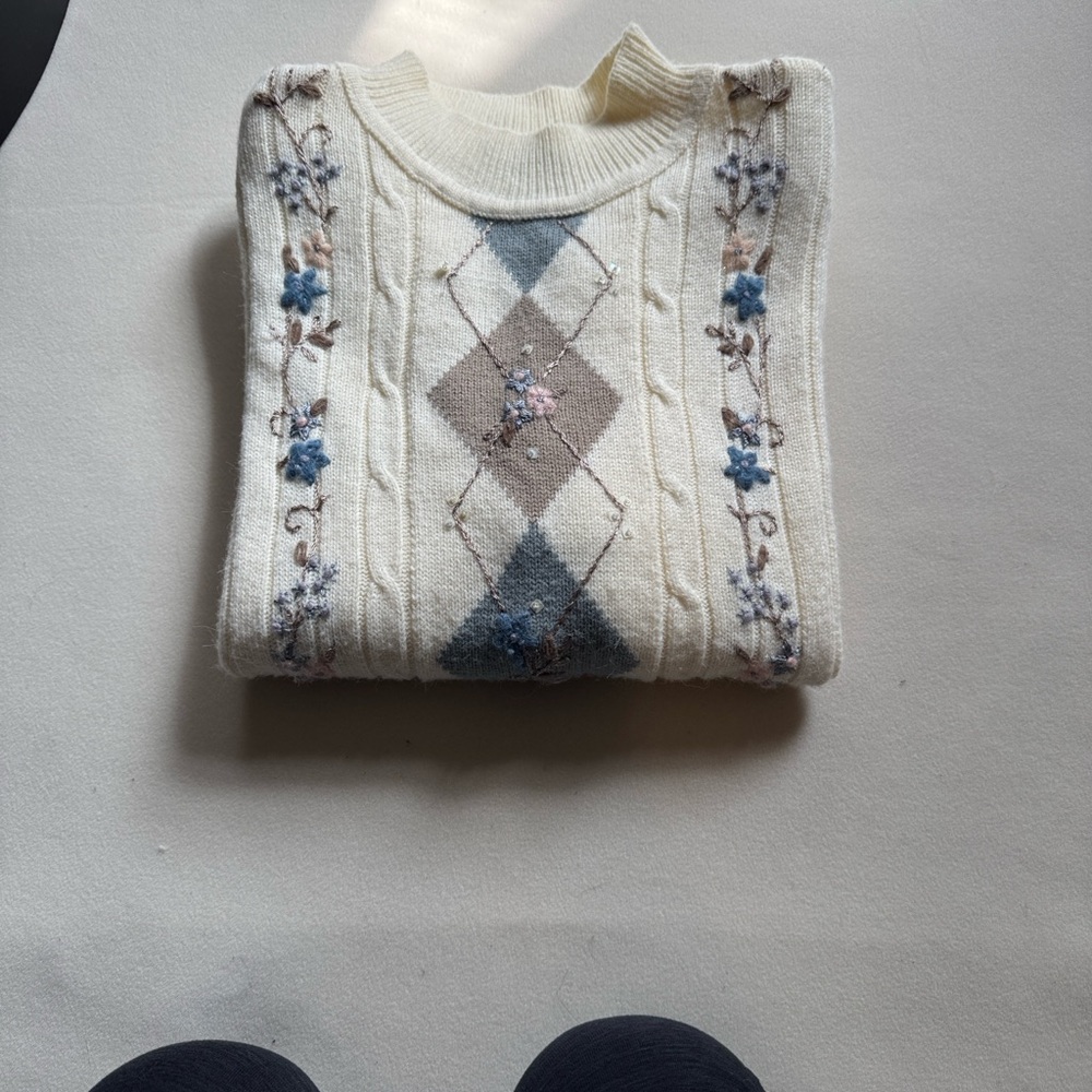 Alfred Dunner Cream Sweater with Blue and Brown Argyle & Floral Embroidery - Picture 2 of 8